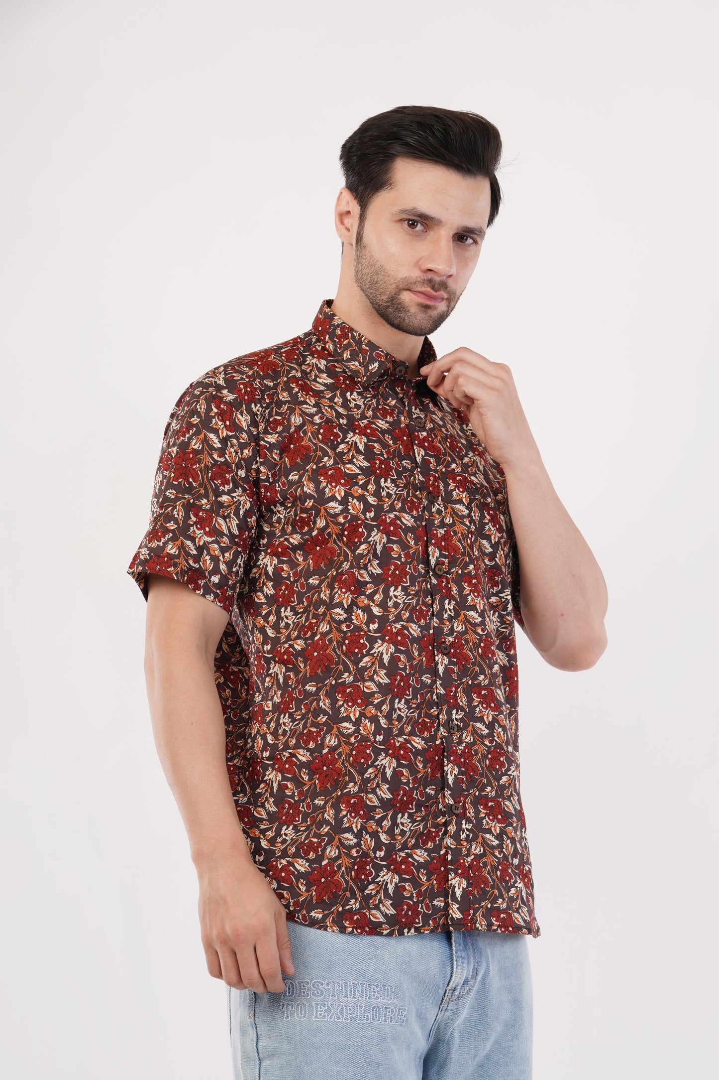 Unisex Brown Small Floral Pattern Sanganeri Shirt