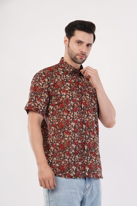 Unisex Brown Small Floral Pattern Sanganeri Shirt