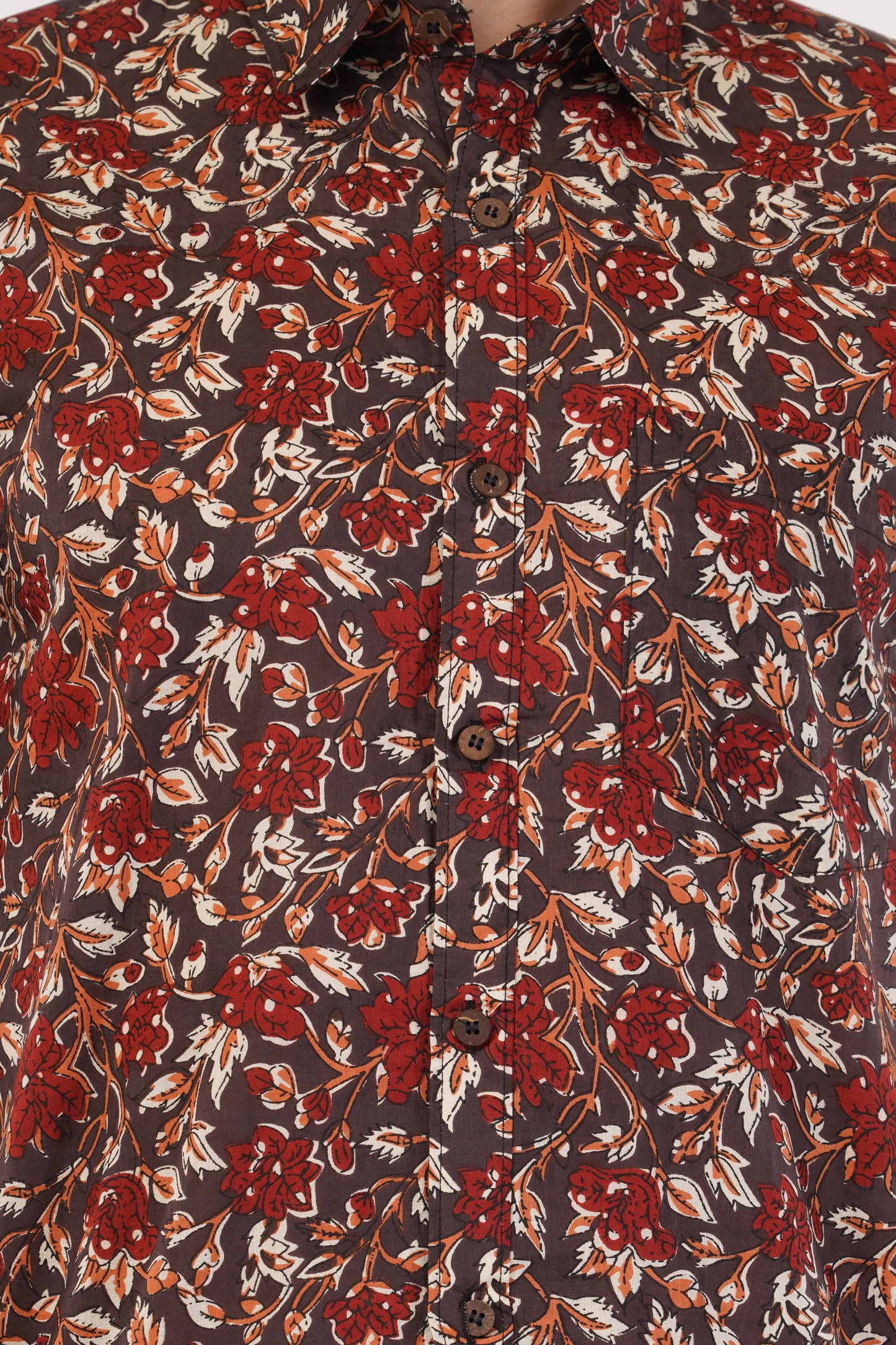 Unisex Brown Small Floral Pattern Sanganeri Shirt