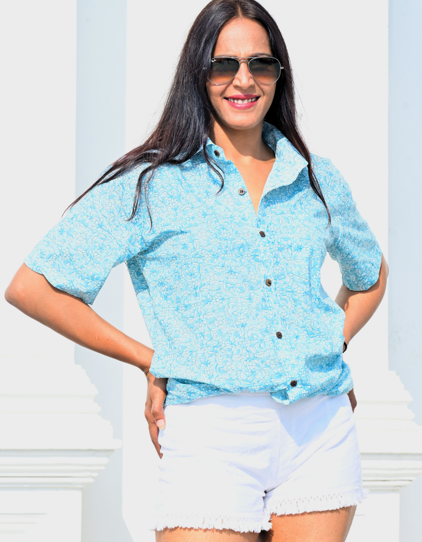 Unisex Blue Small Floral Pattern Sanganeri Shirt