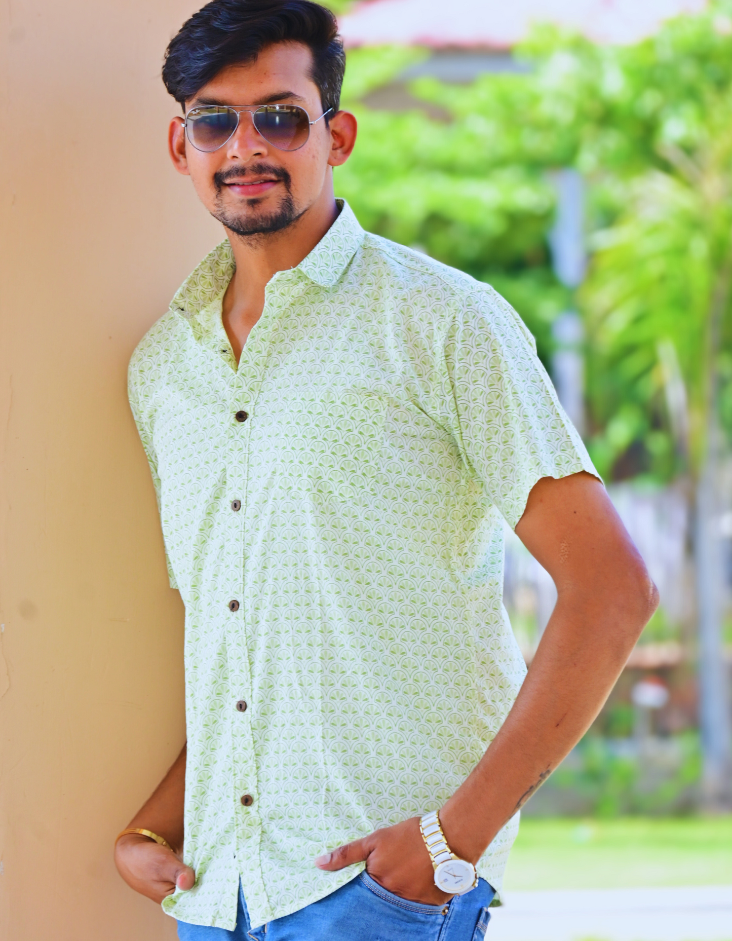 Unisex Green Small Pattern Sanganeri Shirt