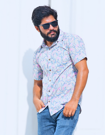 Unisex Grey Small Floral Pattern Sanganeri Shirt