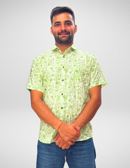 Unisex Green Small Floral Pattern Sanganeri Shirt