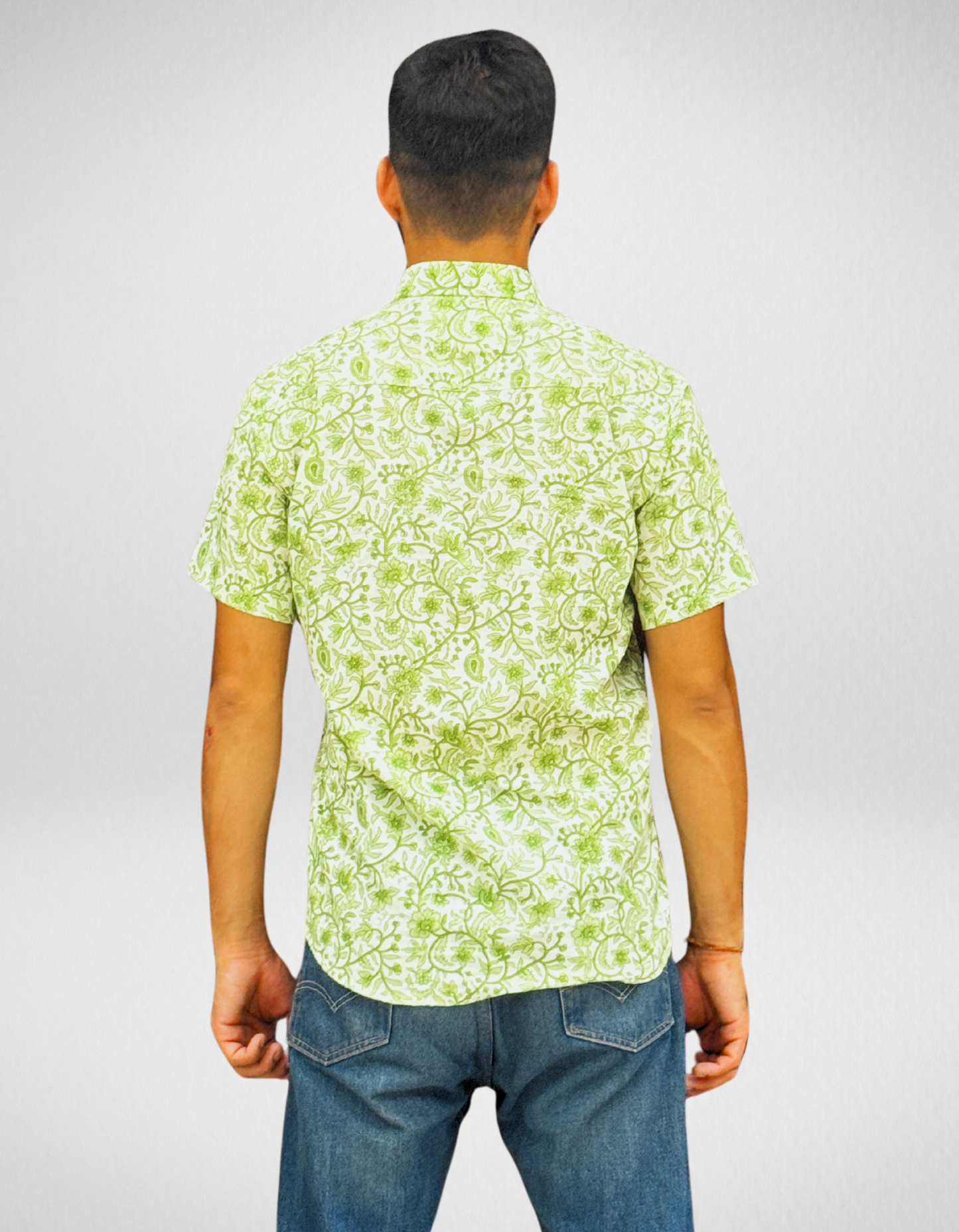 Unisex Green Small Floral Pattern Sanganeri Shirt