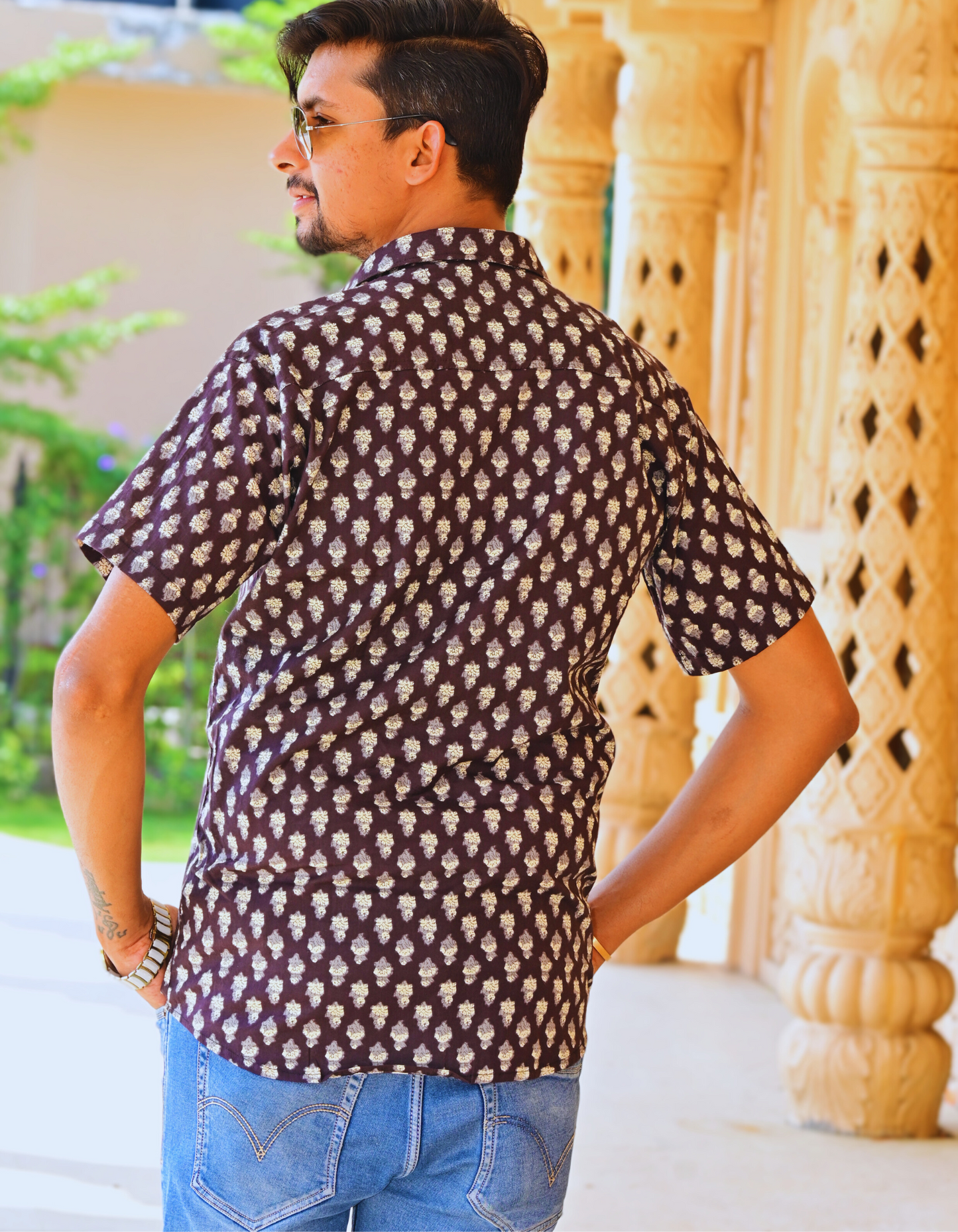 Unisex Brown Small Pattern Sanganeri Shirt