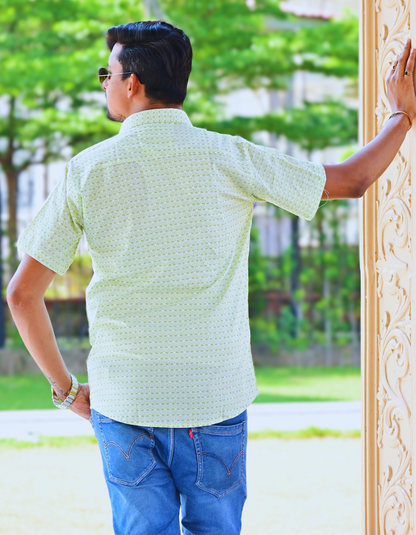 Unisex Green Small Pattern Sanganeri Shirt