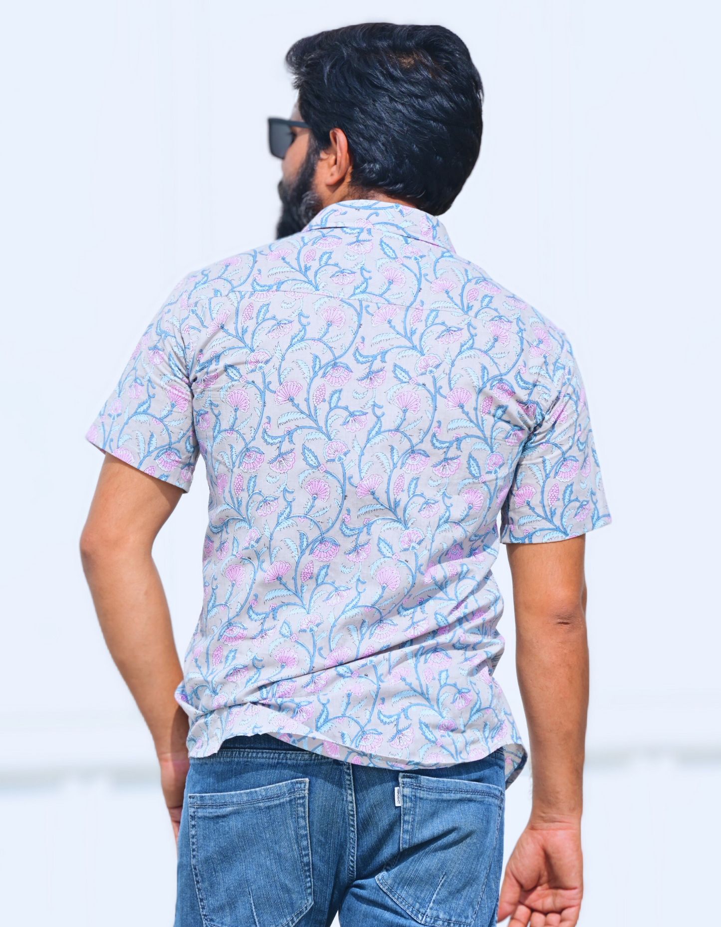 Unisex Grey Small Floral Pattern Sanganeri Shirt