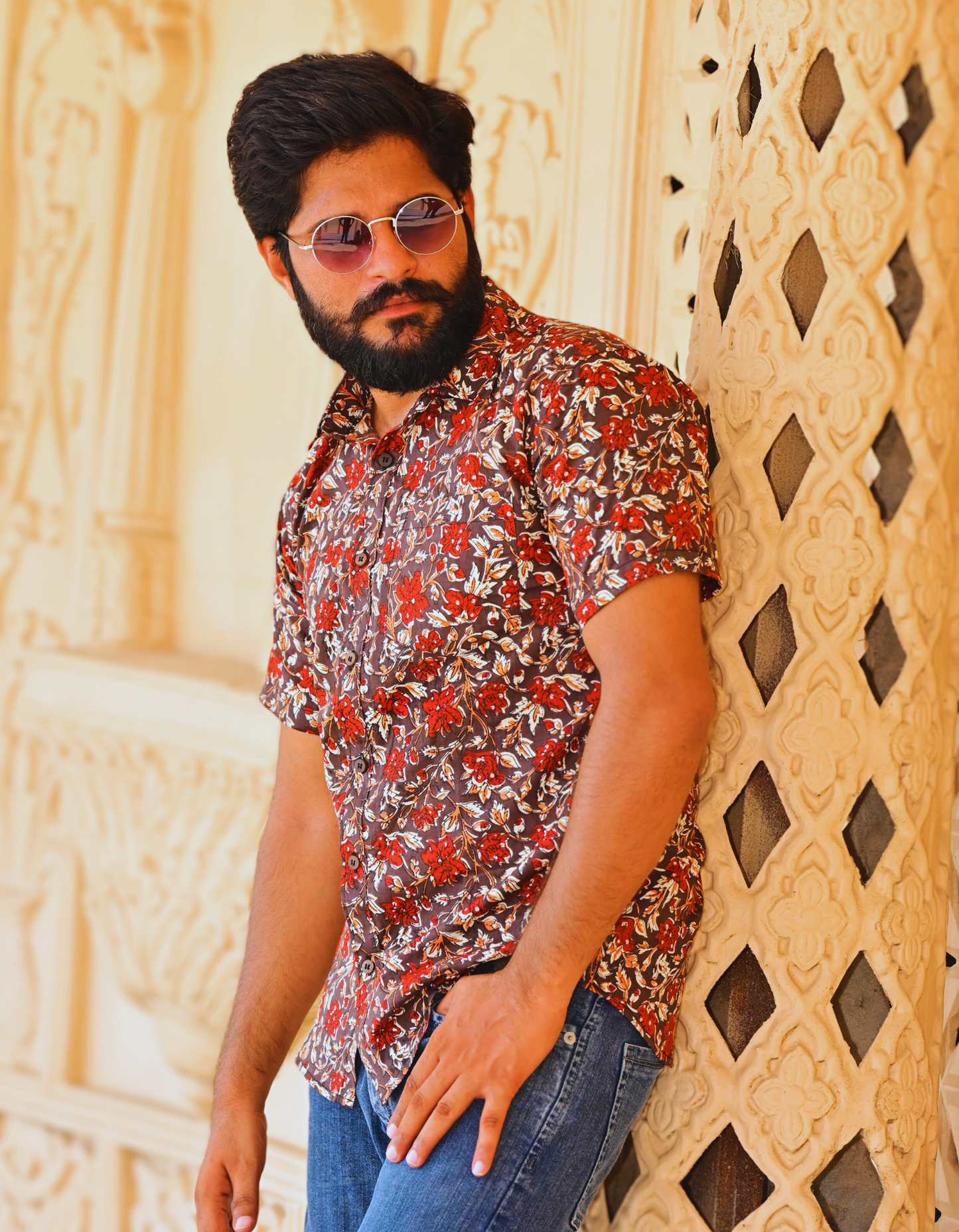 Unisex Brown Small Floral Pattern Sanganeri Shirt