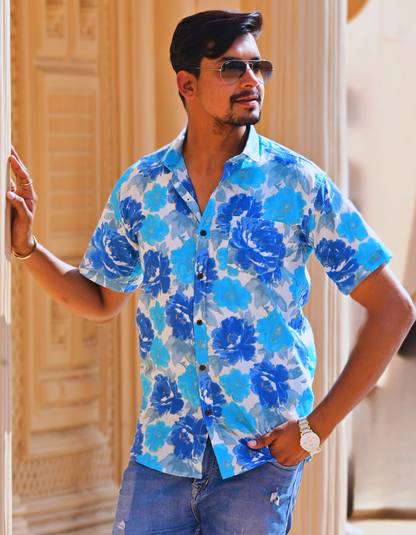 Unisex Blue Big Floral Pattern Sanganeri Shirt