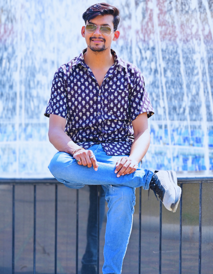 Unisex Brown Small Pattern Sanganeri Shirt