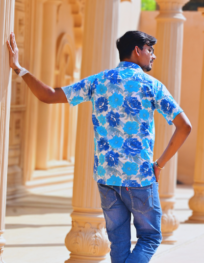 Unisex Blue Big Floral Pattern Sanganeri Shirt