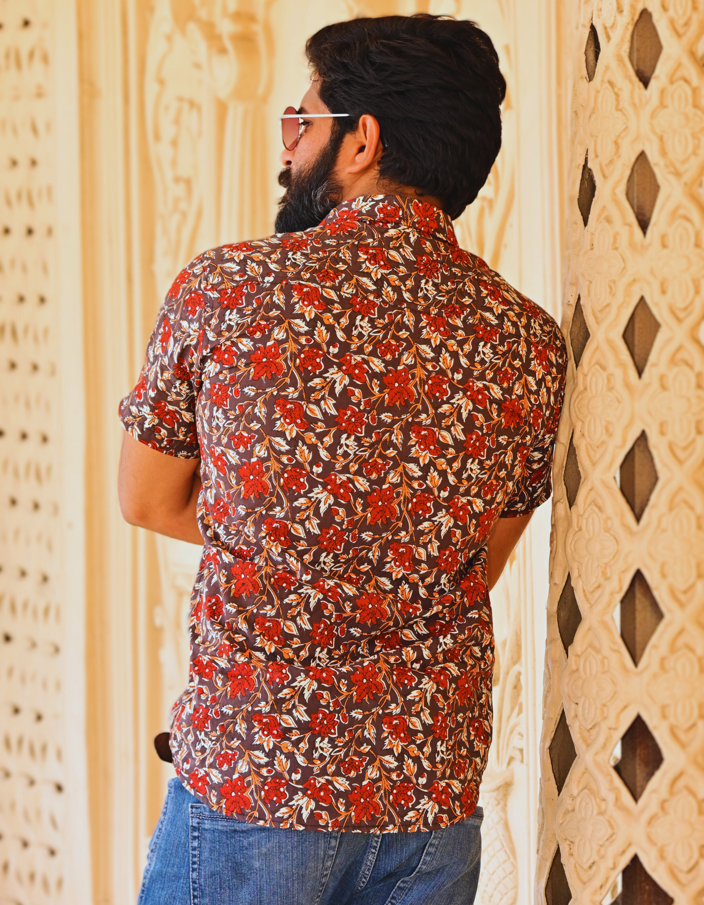 Unisex Brown Small Floral Pattern Sanganeri Shirt