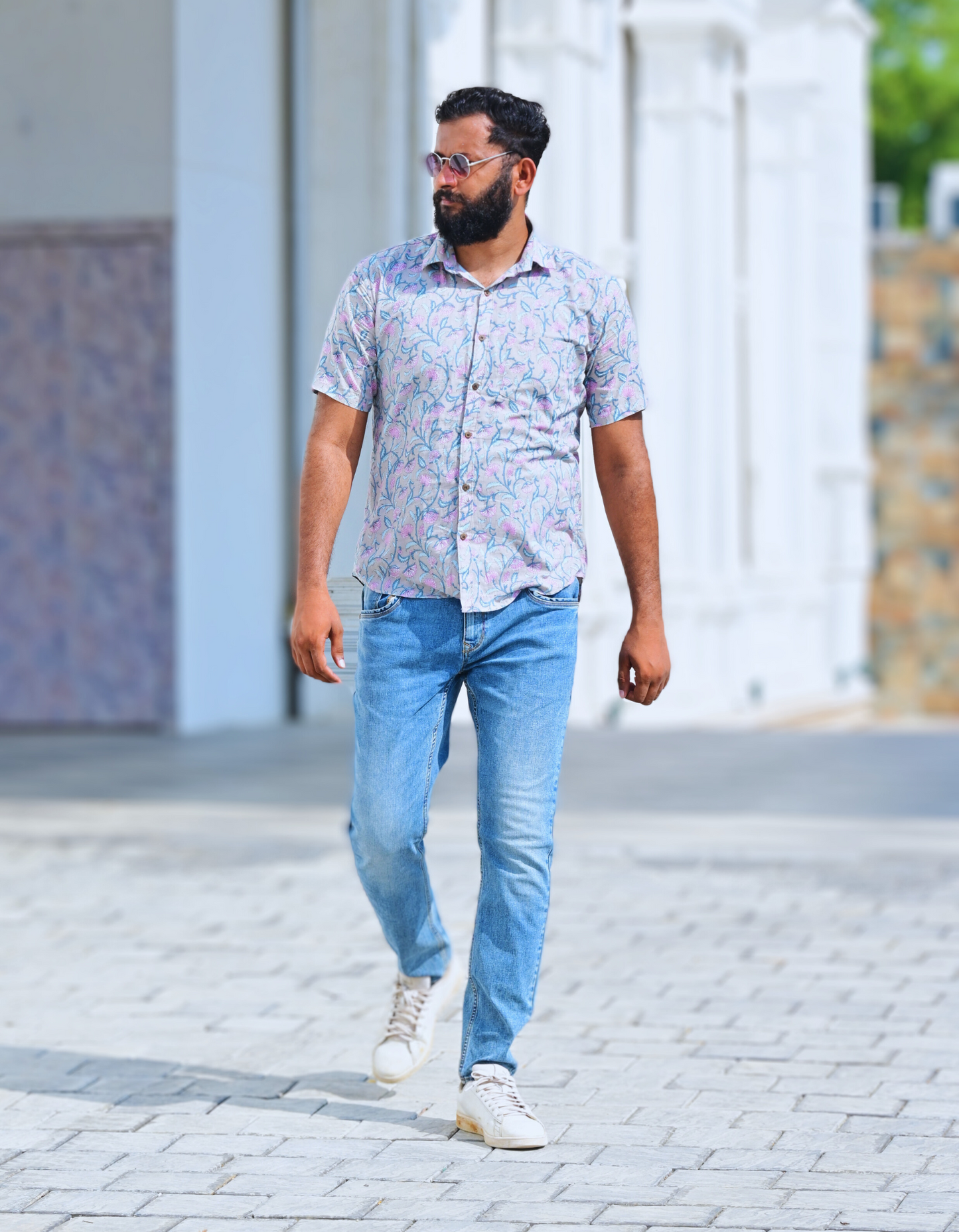 Unisex Grey Small Floral Pattern Sanganeri Shirt