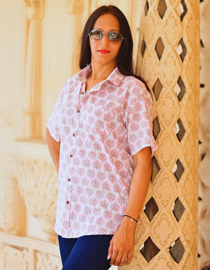 Unisex Pink Small Floral Pattern Sanganeri Shirt