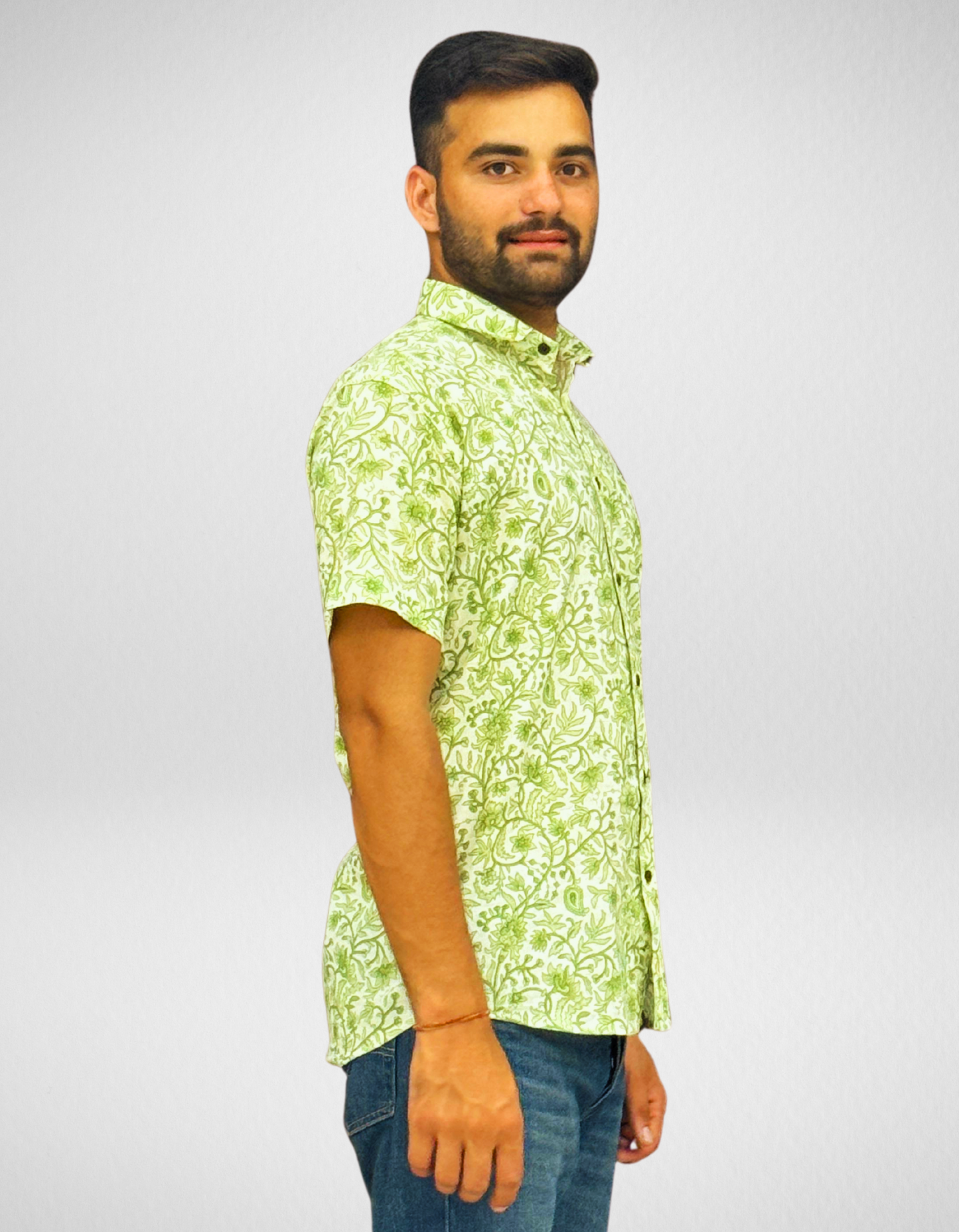 Unisex Green Small Floral Pattern Sanganeri Shirt