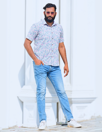 Unisex Grey Small Floral Pattern Sanganeri Shirt