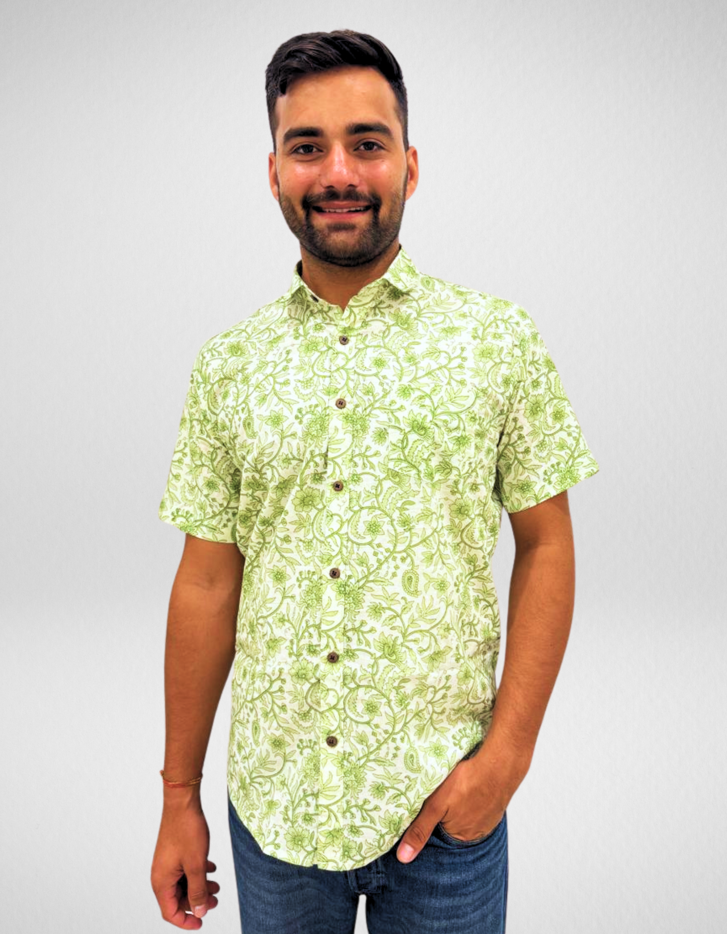 Unisex Green Small Floral Pattern Sanganeri Shirt