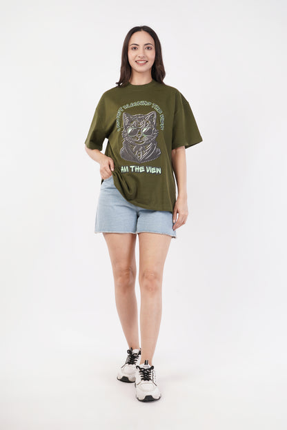 Unisex Puff Print "I am not blocking the view, I am the view" Olive Green Oversized T-Shirt