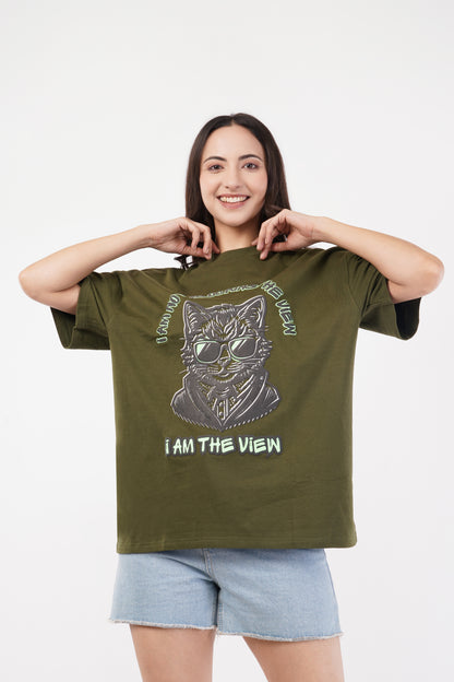 Unisex Puff Print "I am not blocking the view, I am the view" Olive Green Oversized T-Shirt
