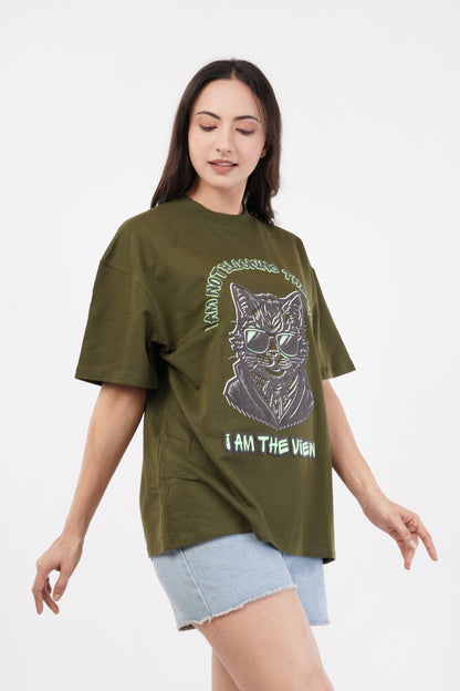 Unisex Puff Print "I am not blocking the view, I am the view" Olive Green Oversized T-Shirt