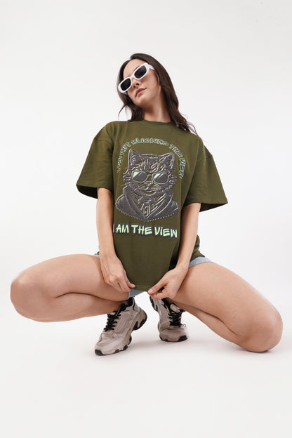 Unisex Puff Print "I am not blocking the view, I am the view" Olive Green Oversized T-Shirt