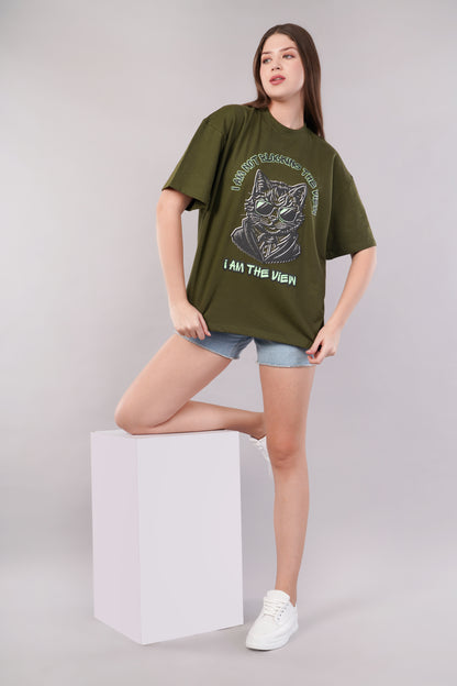 Unisex Puff Print "I am not blocking the view, I am the view" Olive Green Oversized T-Shirt