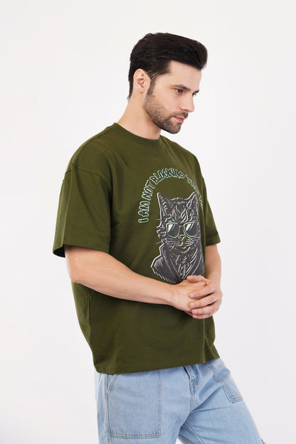 Unisex Puff Print "I am not blocking the view, I am the view" Olive Green Oversized T-Shirt