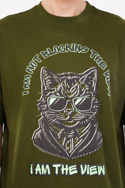 Unisex Puff Print "I am not blocking the view, I am the view" Olive Green Oversized T-Shirt