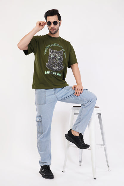 Unisex Puff Print "I am not blocking the view, I am the view" Olive Green Oversized T-Shirt